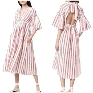 Three Graces London Red & White Striped Linen Open Back Georgianna‎ Midi Dress 6